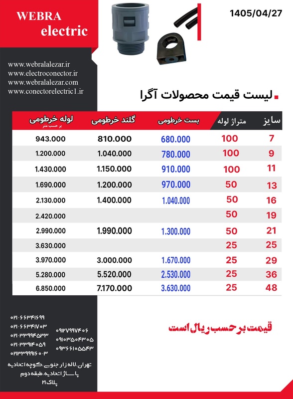 لیست قیمت گلند لوله ،بست و لوله آگرا