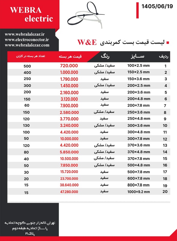 لیست قیمت بست کمربندی W&E