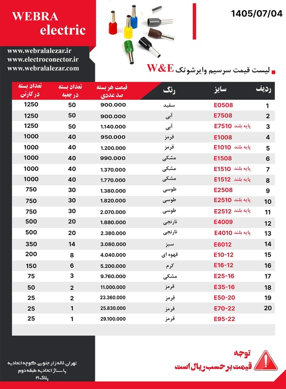 لیست قیمت وایرشو تک W&E